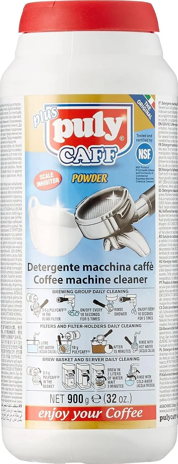 A 32-ounce tub of Puly Caff Plus espresso machine cleaner powder