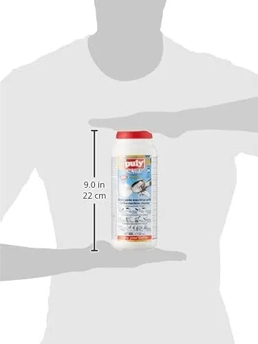 A 32-ounce tub of Puly Caff Plus espresso machine cleaner powder bottle size relation