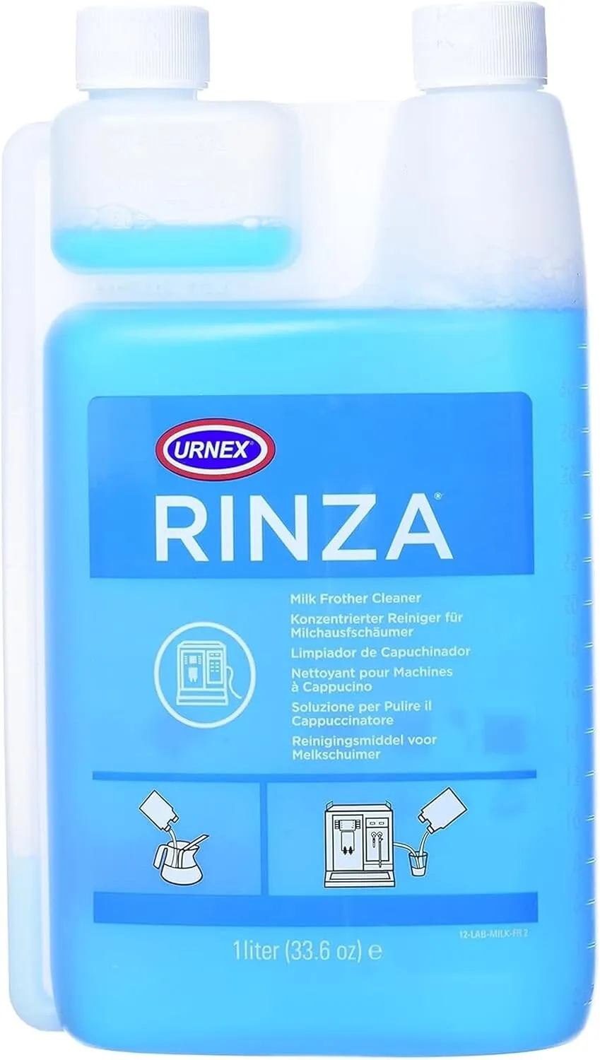 A 33.6oz bottle of Rinza milk frother cleaner
